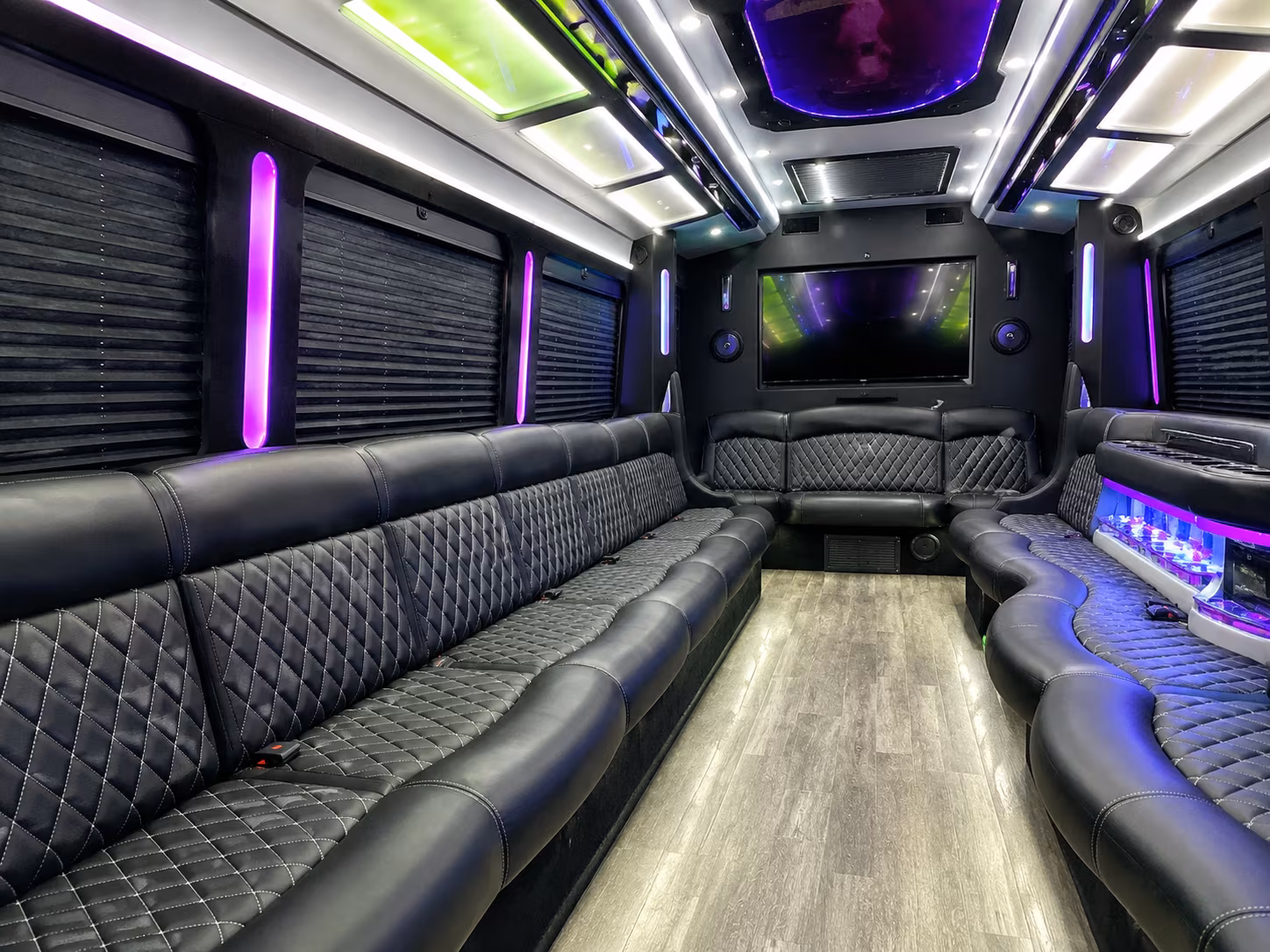 Group beside a Mercedes Sprinter limo in Denver